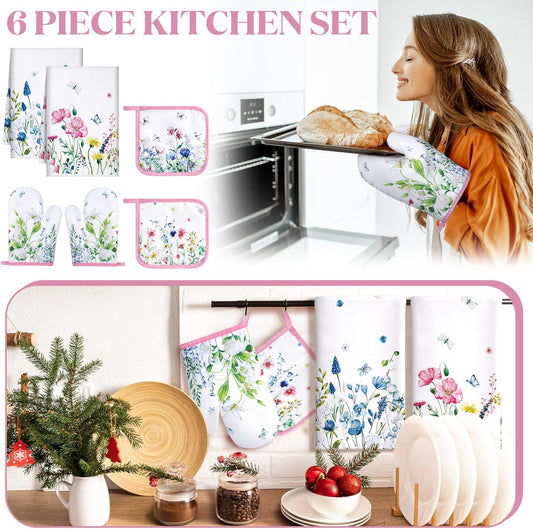 6 Wild Flower Kitchen Towels Kitchen Decor and Accessories Set Floral Plant Oven Mitts and Pot Holders Sets Farmhouse Absorbent Dish Towels for Cooking Baking Grilling
