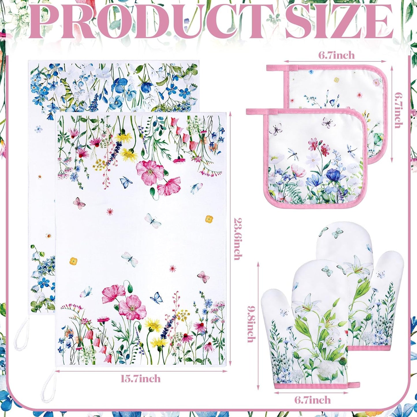 6 Wild Flower Kitchen Towels Kitchen Decor and Accessories Set Floral Plant Oven Mitts and Pot Holders Sets Farmhouse Absorbent Dish Towels for Cooking Baking Grilling