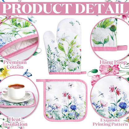 6 Wild Flower Kitchen Towels Kitchen Decor and Accessories Set Floral Plant Oven Mitts and Pot Holders Sets Farmhouse Absorbent Dish Towels for Cooking Baking Grilling
