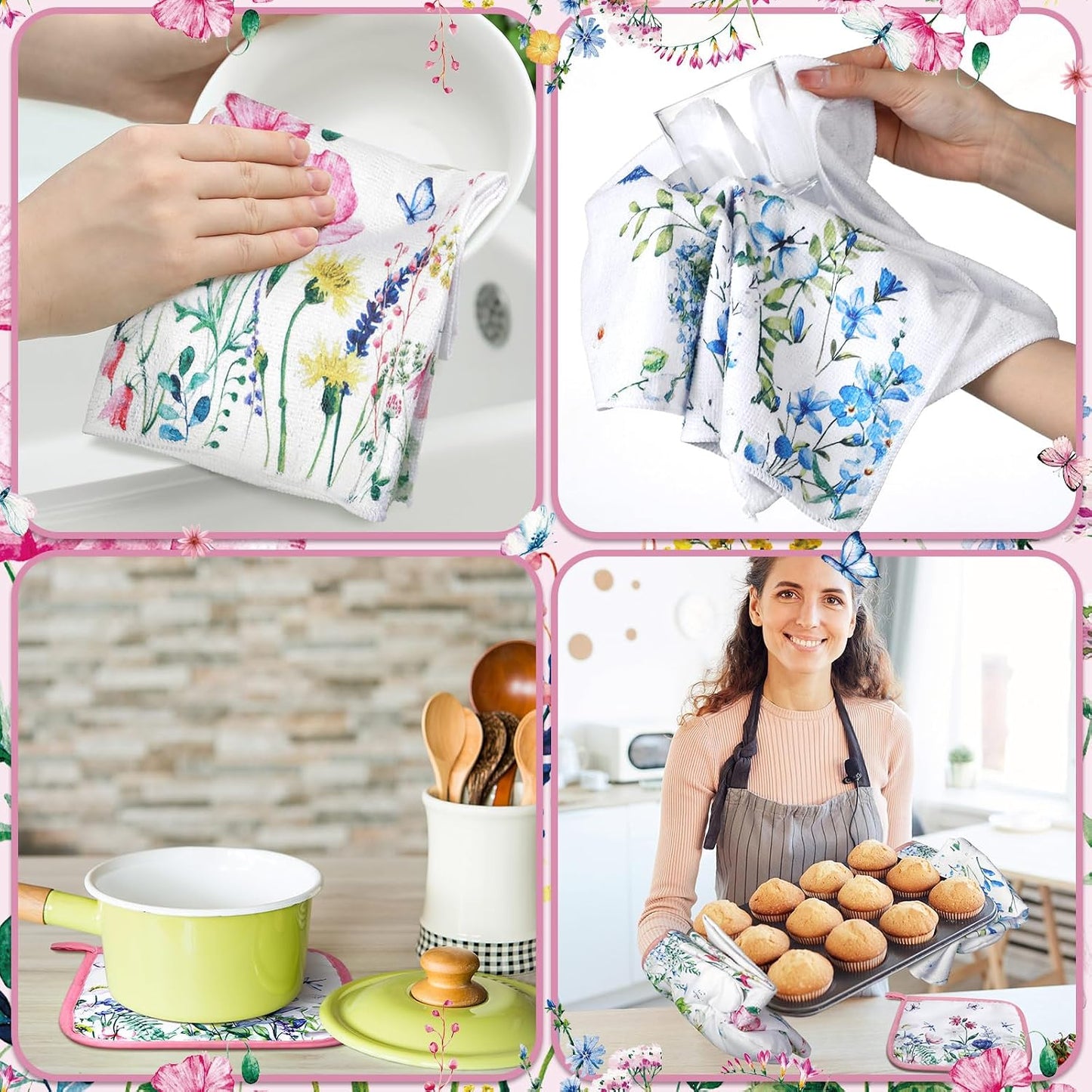 6 Wild Flower Kitchen Towels Kitchen Decor and Accessories Set Floral Plant Oven Mitts and Pot Holders Sets Farmhouse Absorbent Dish Towels for Cooking Baking Grilling
