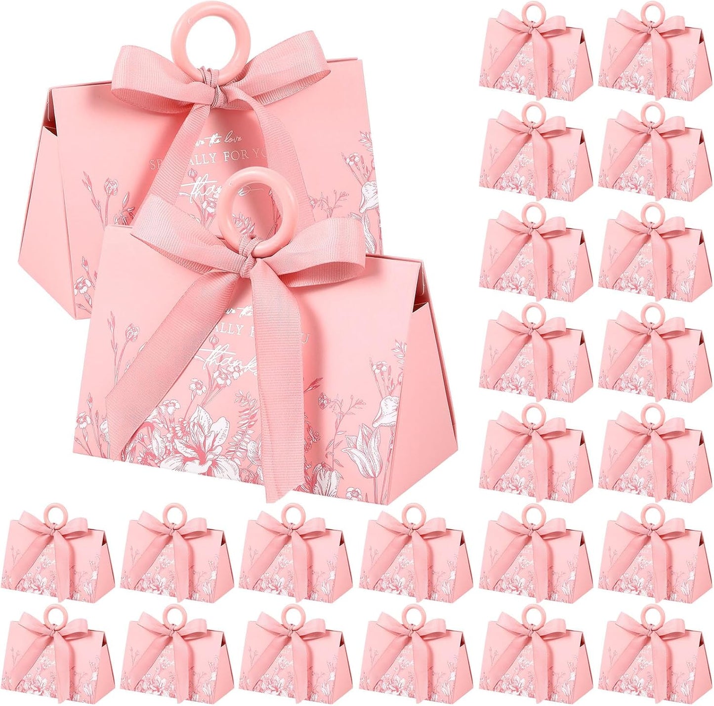 MotiMind 30 Sets Wedding Favor Boxes with Ribbon and Wooden Handle, 5.9 x 3.9 x 2.8 Inch,Pink Favor Boxes Triangular Chocolate Gift Wrap Bags for Bridal Party Baby Shower Anniversary