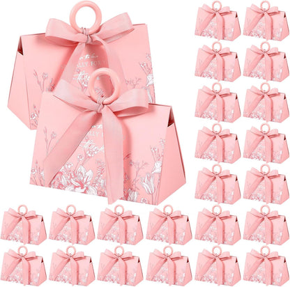MotiMind 30 Sets Wedding Favor Boxes with Ribbon and Wooden Handle, 5.9 x 3.9 x 2.8 Inch,Pink Favor Boxes Triangular Chocolate Gift Wrap Bags for Bridal Party Baby Shower Anniversary