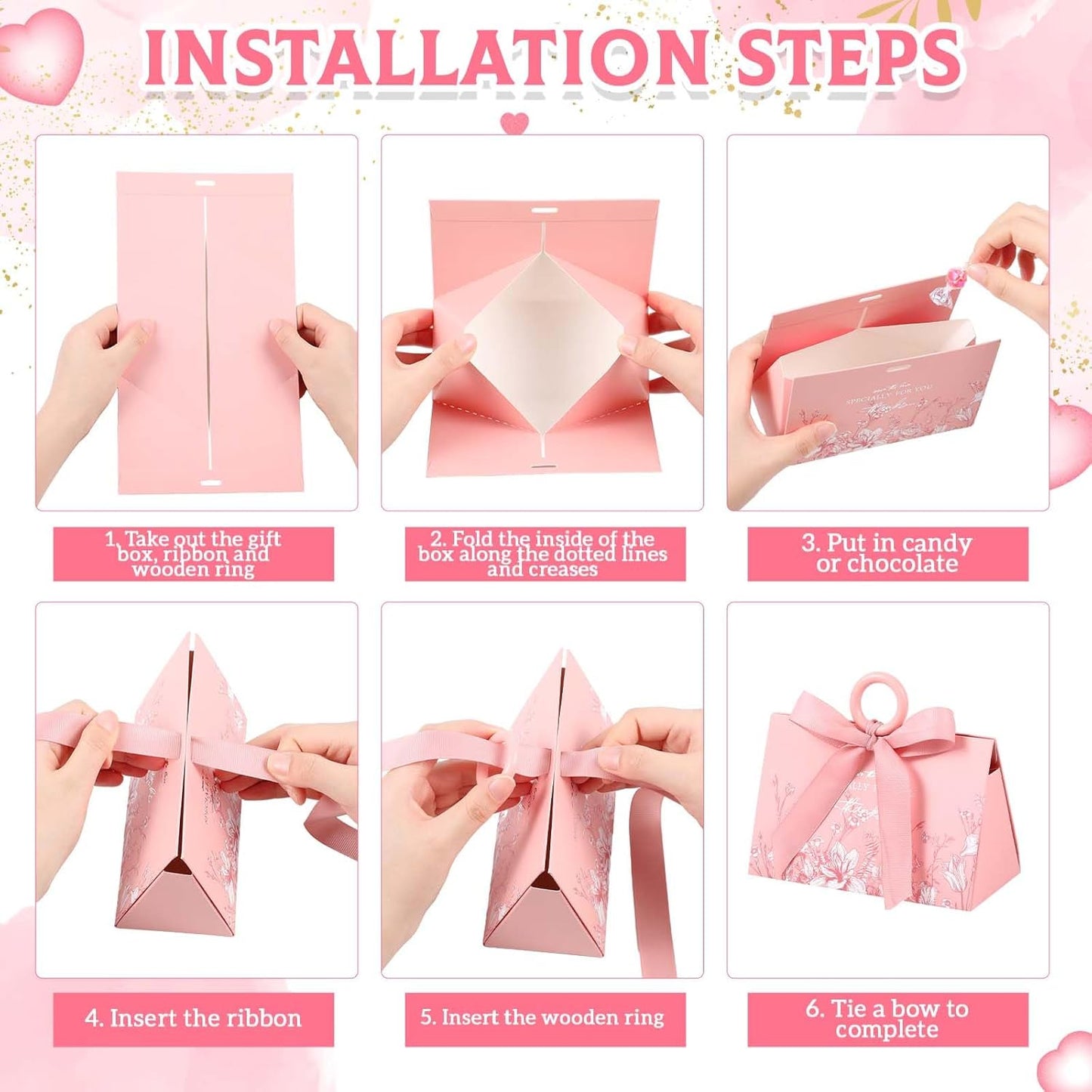 MotiMind 30 Sets Wedding Favor Boxes with Ribbon and Wooden Handle, 5.9 x 3.9 x 2.8 Inch,Pink Favor Boxes Triangular Chocolate Gift Wrap Bags for Bridal Party Baby Shower Anniversary