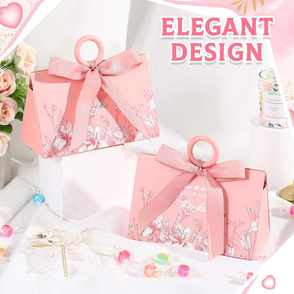 MotiMind 30 Sets Wedding Favor Boxes with Ribbon and Wooden Handle, 5.9 x 3.9 x 2.8 Inch,Pink Favor Boxes Triangular Chocolate Gift Wrap Bags for Bridal Party Baby Shower Anniversary