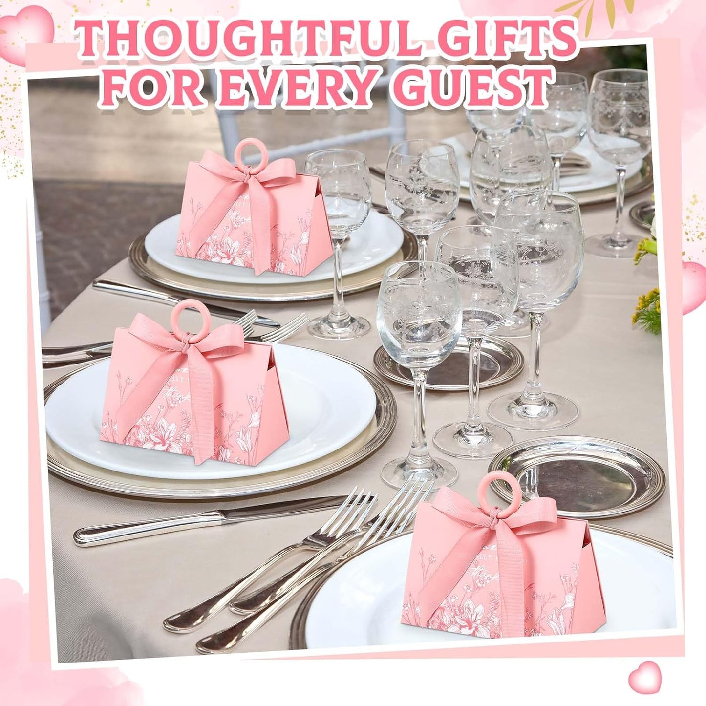MotiMind 30 Sets Wedding Favor Boxes with Ribbon and Wooden Handle, 5.9 x 3.9 x 2.8 Inch,Pink Favor Boxes Triangular Chocolate Gift Wrap Bags for Bridal Party Baby Shower Anniversary