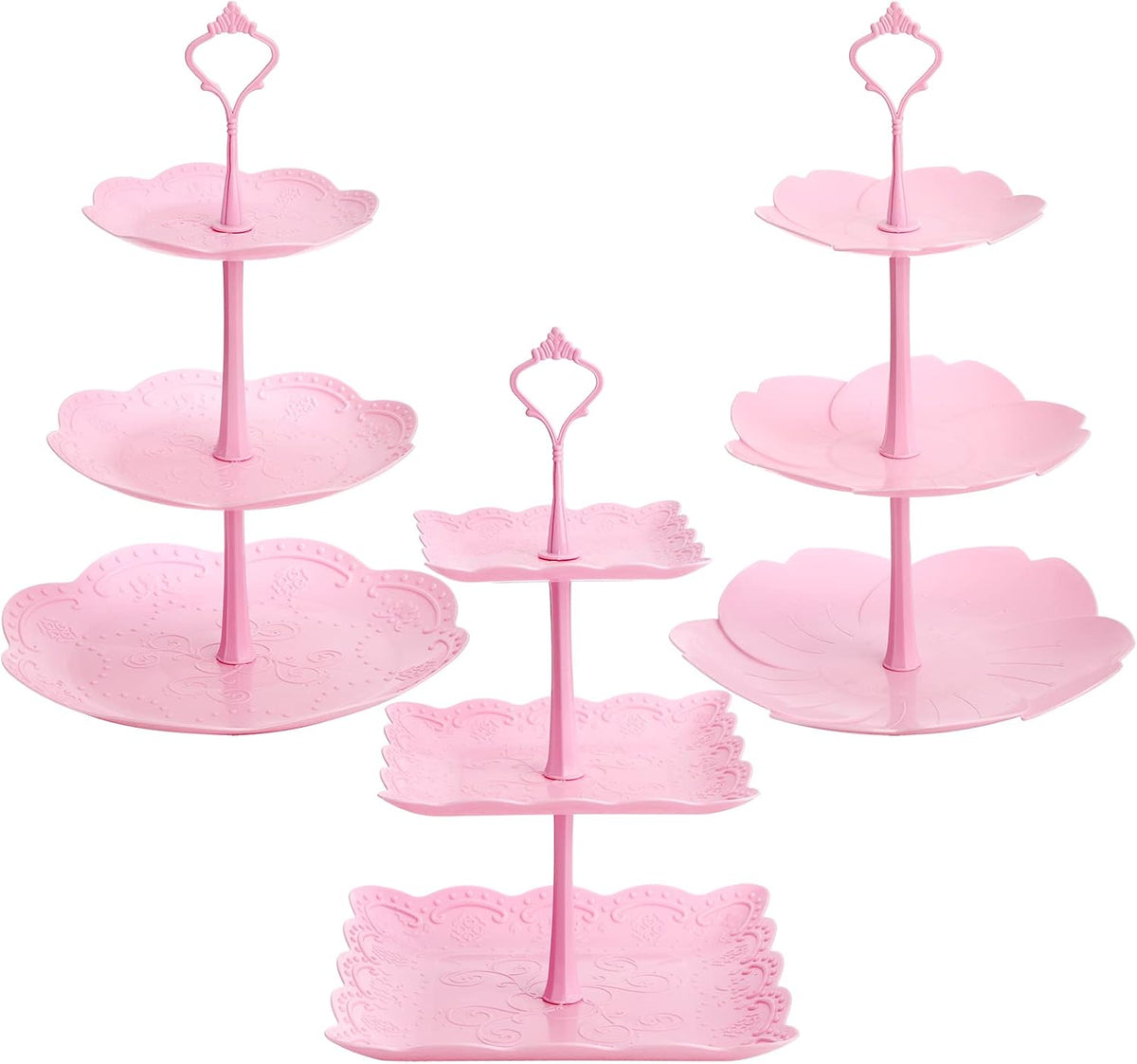 3 Pack 3 Tiers Plastic Cupcake Stand Dessert Stand Tiered Serving Trays with Pink Rod Candy Pastry Holders for Baby Shower, Wedding and Party - Pink Rod