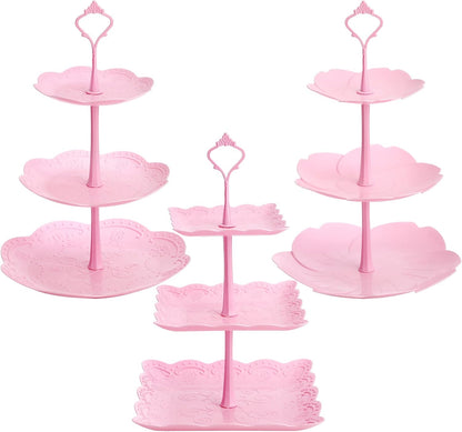 3 Pack 3 Tiers Plastic Cupcake Stand Dessert Stand Tiered Serving Trays with Pink Rod Candy Pastry Holders for Baby Shower, Wedding and Party - Pink Rod