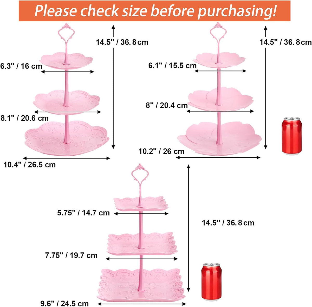 3 Pack 3 Tiers Plastic Cupcake Stand Dessert Stand Tiered Serving Trays with Pink Rod Candy Pastry Holders for Baby Shower, Wedding and Party - Pink Rod