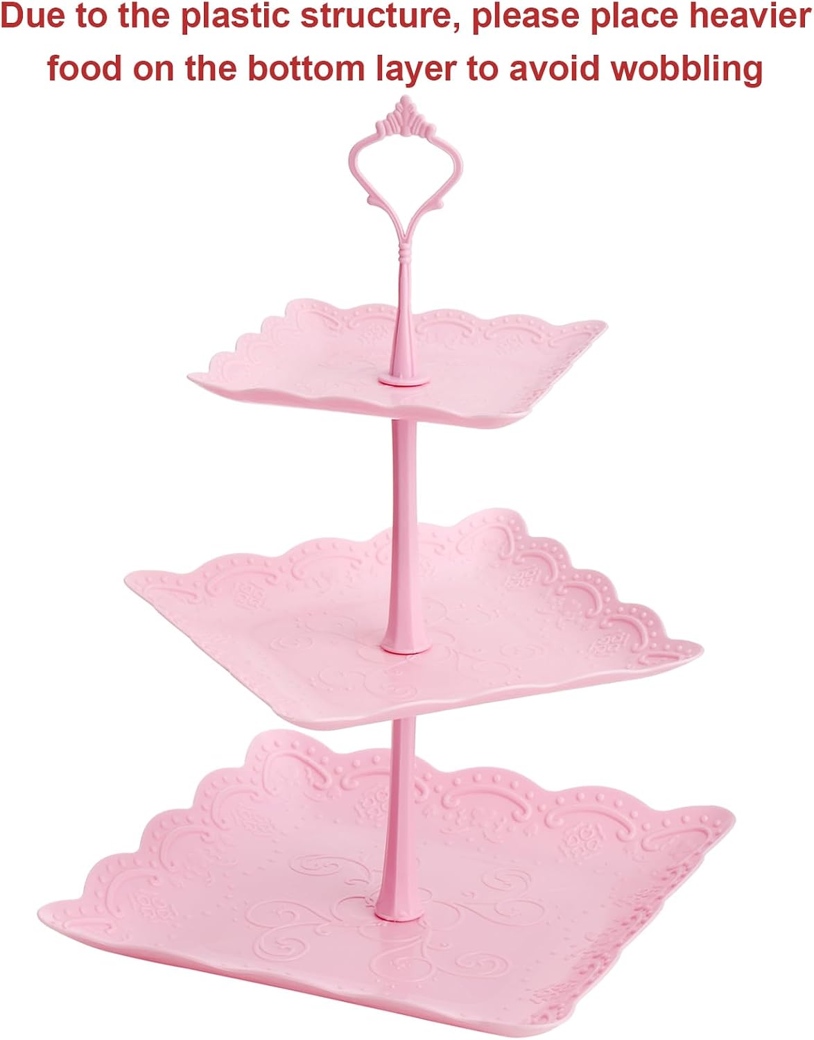 3 Pack 3 Tiers Plastic Cupcake Stand Dessert Stand Tiered Serving Trays with Pink Rod Candy Pastry Holders for Baby Shower, Wedding and Party - Pink Rod