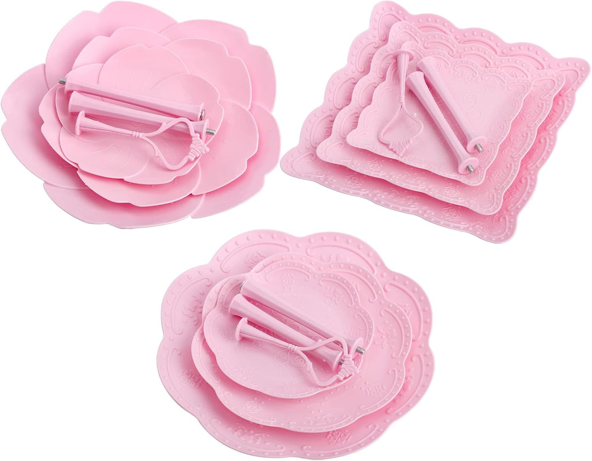 3 Pack 3 Tiers Plastic Cupcake Stand Dessert Stand Tiered Serving Trays with Pink Rod Candy Pastry Holders for Baby Shower, Wedding and Party - Pink Rod