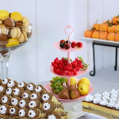 3 Pack 3 Tiers Plastic Cupcake Stand Dessert Stand Tiered Serving Trays with Pink Rod Candy Pastry Holders for Baby Shower, Wedding and Party - Pink Rod