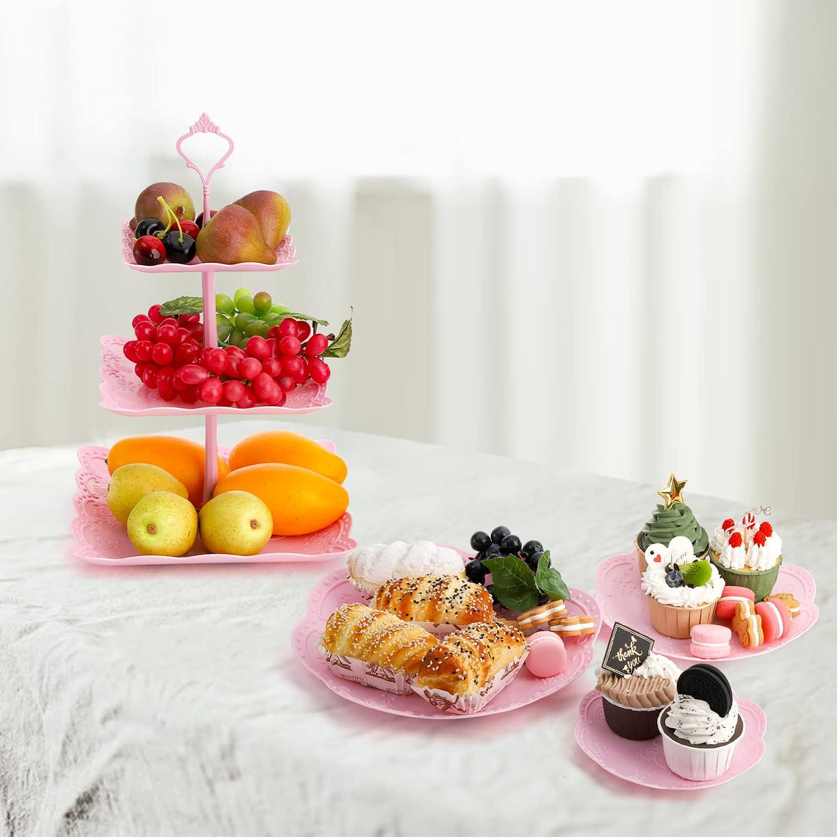 3 Pack 3 Tiers Plastic Cupcake Stand Dessert Stand Tiered Serving Trays with Pink Rod Candy Pastry Holders for Baby Shower, Wedding and Party - Pink Rod
