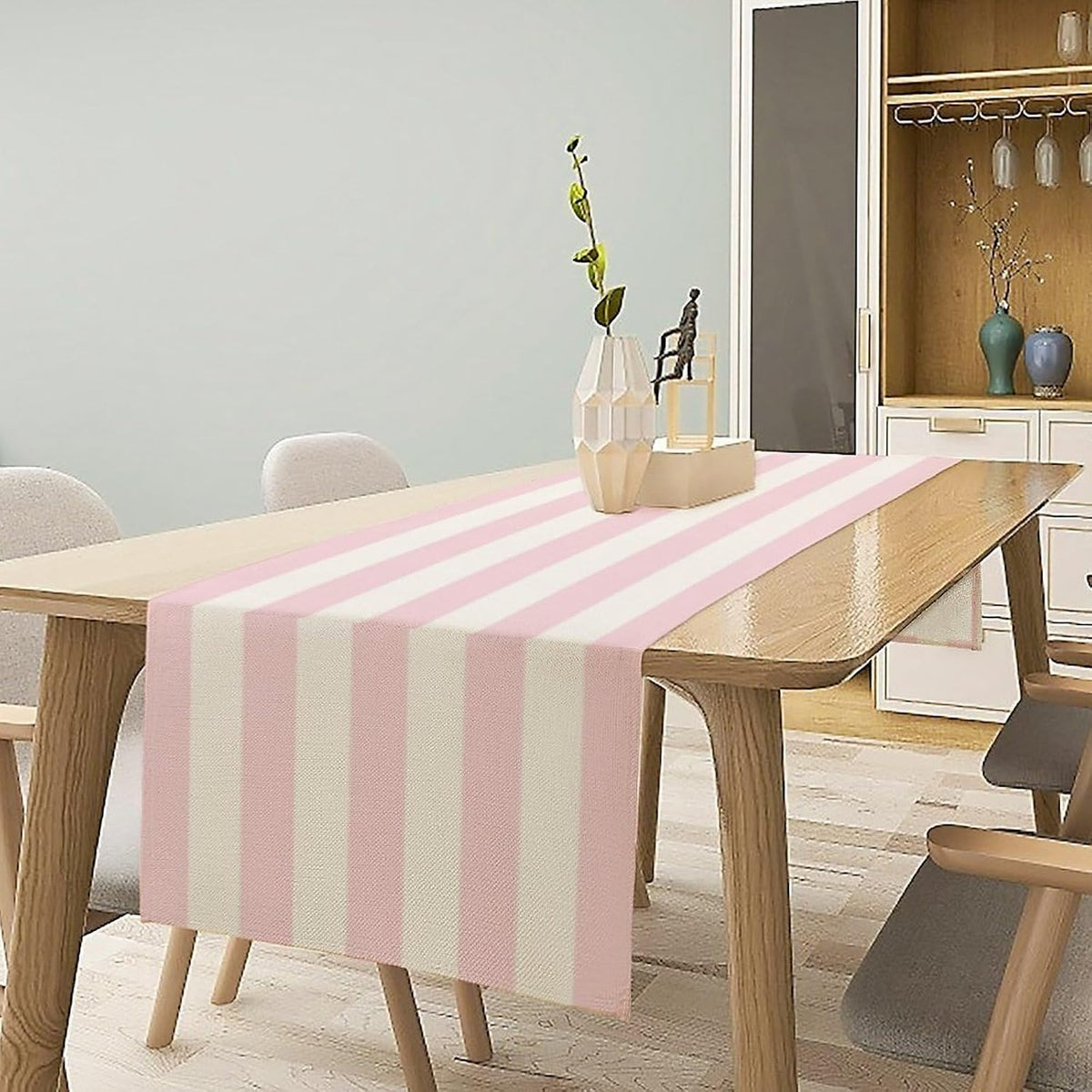 Pink Striped Table Runner, Modern Farmhouse Pink White Striped Table Runner for Party Dining Room Home Kitchen Cafe 13x36in