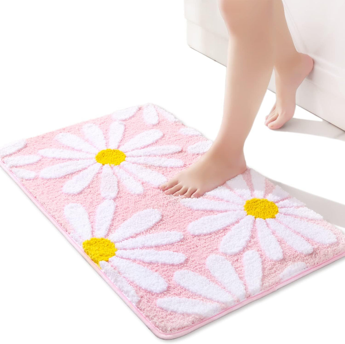 Pink Bathroom Rugs Cute Daisy Bath Mat White and Yellow Flower Decor Rug Non Slip Floor Carpet Microfiber Bathmat Super Absorbent Machine Washable Bathtub Mats for Shower (16x24 inch)