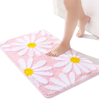 Pink Bathroom Rugs Cute Daisy Bath Mat White and Yellow Flower Decor Rug Non Slip Floor Carpet Microfiber Bathmat Super Absorbent Machine Washable Bathtub Mats for Shower (16x24 inch)