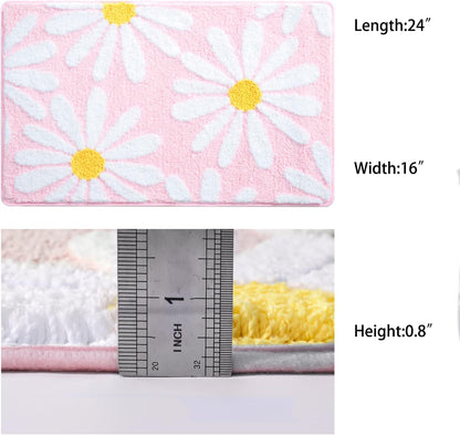 Pink Bathroom Rugs Cute Daisy Bath Mat White and Yellow Flower Decor Rug Non Slip Floor Carpet Microfiber Bathmat Super Absorbent Machine Washable Bathtub Mats for Shower (16x24 inch)