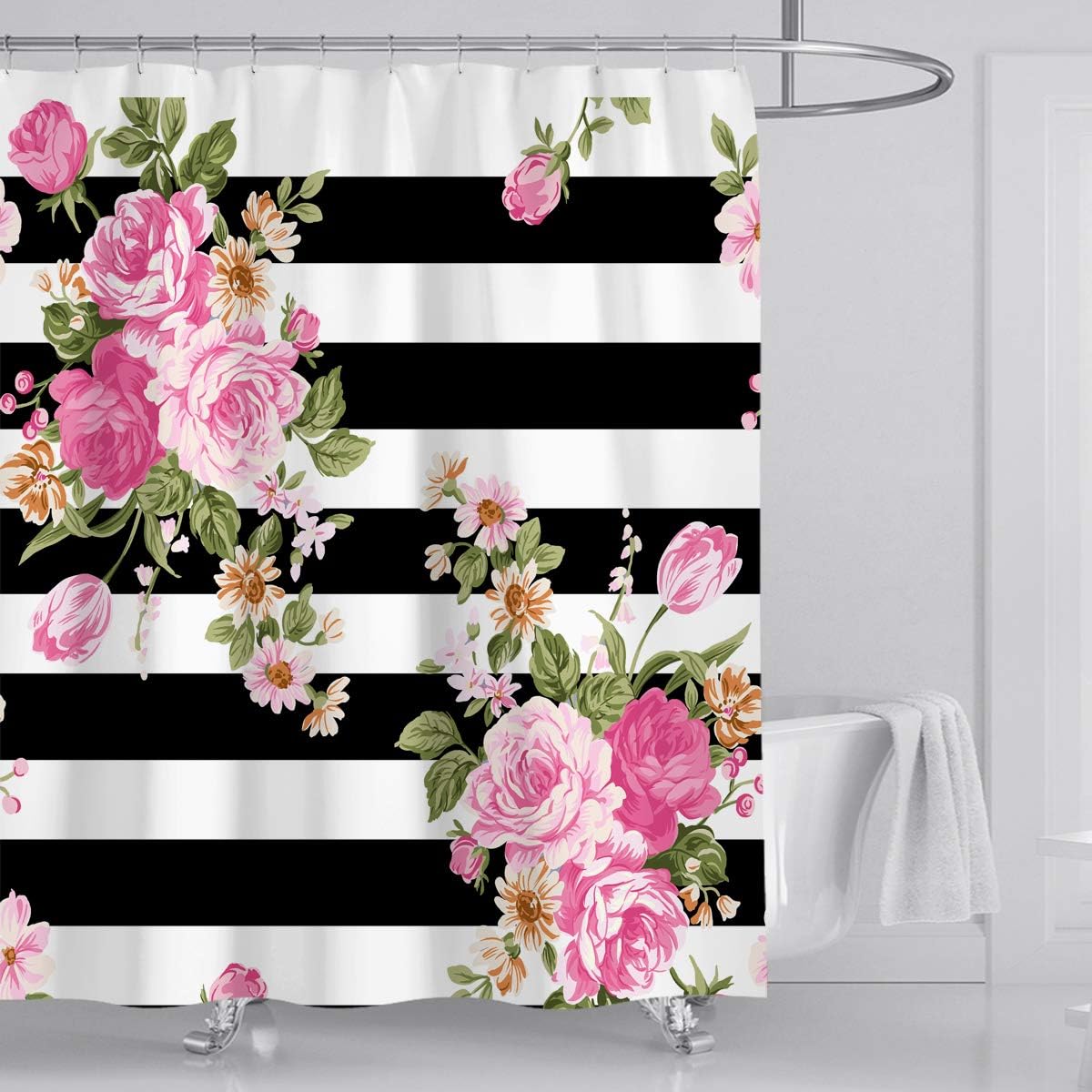 Floral Stripe Shower Curtain Pink Flower Fabric Shower Curtain Sets Bathroom Decor with Hooks Waterproof Washable 72 x 72 inches Black White Green