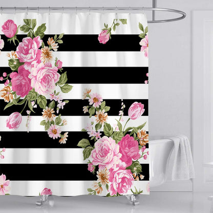 Floral Stripe Shower Curtain Pink Flower Fabric Shower Curtain Sets Bathroom Decor with Hooks Waterproof Washable 72 x 72 inches Black White Green