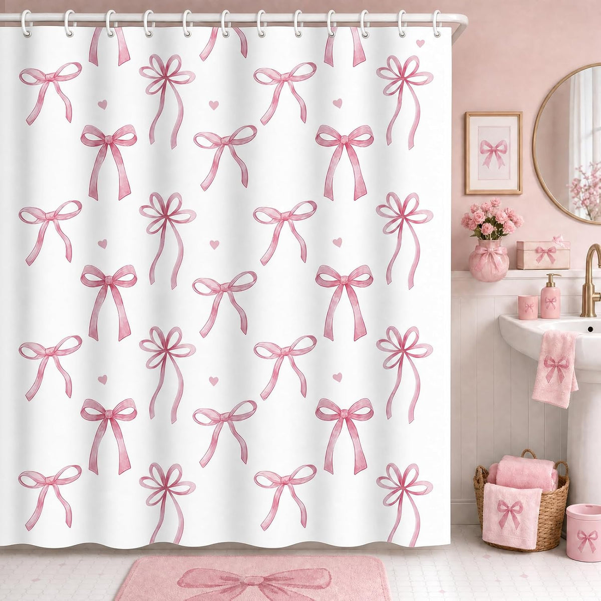 Pink Bow Shower Curtain Coquette Cute Ribbon Bowknot Heart Preppy Kids Girls Dorm Bathroom Decor Waterproof Fabric Bath Curtain 72 x 72 Inch with 12 Hooks