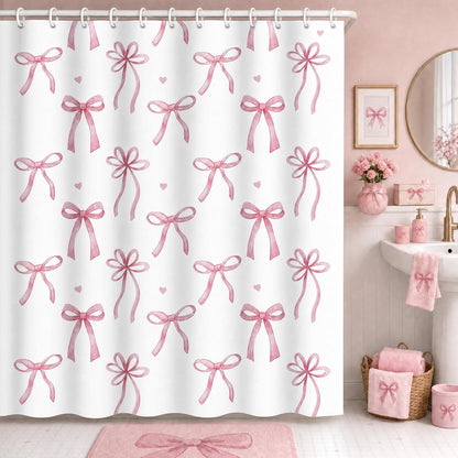 Pink Bow Shower Curtain Coquette Cute Ribbon Bowknot Heart Preppy Kids Girls Dorm Bathroom Decor Waterproof Fabric Bath Curtain 72 x 72 Inch with 12 Hooks