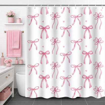 Pink Bow Shower Curtain Coquette Cute Ribbon Bowknot Heart Preppy Kids Girls Dorm Bathroom Decor Waterproof Fabric Bath Curtain 72 x 72 Inch with 12 Hooks
