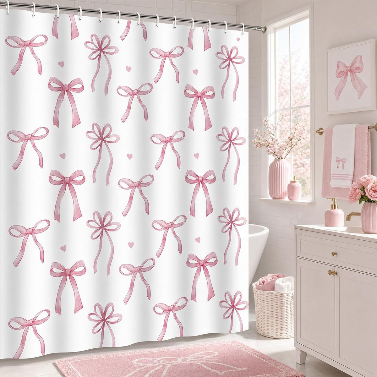 Pink Bow Shower Curtain Coquette Cute Ribbon Bowknot Heart Preppy Kids Girls Dorm Bathroom Decor Waterproof Fabric Bath Curtain 72 x 72 Inch with 12 Hooks
