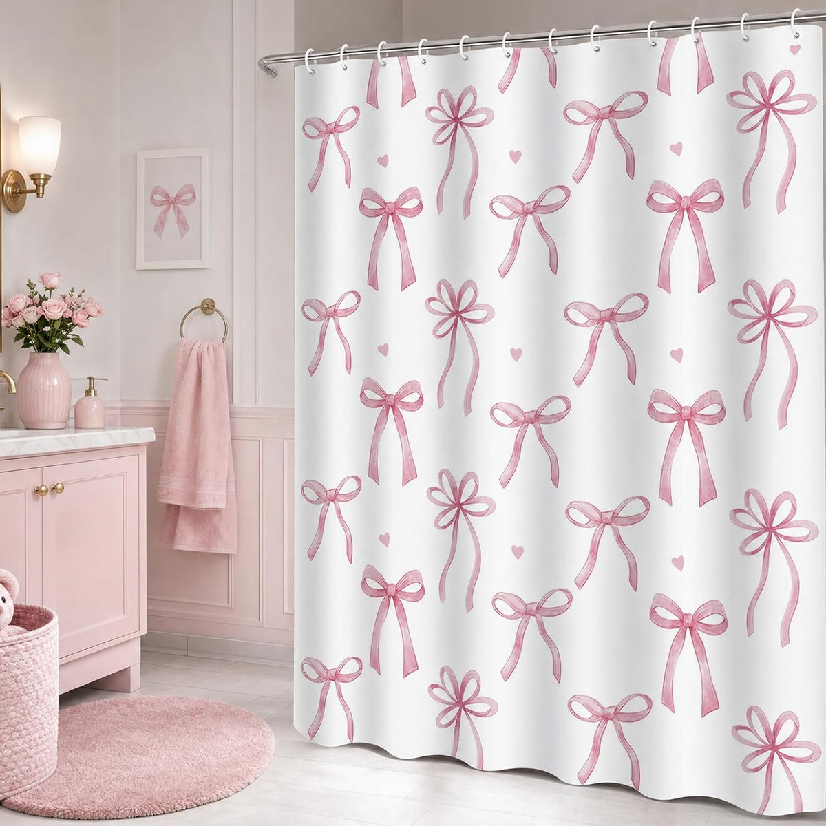 Pink Bow Shower Curtain Coquette Cute Ribbon Bowknot Heart Preppy Kids Girls Dorm Bathroom Decor Waterproof Fabric Bath Curtain 72 x 72 Inch with 12 Hooks