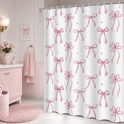 Pink Bow Shower Curtain Coquette Cute Ribbon Bowknot Heart Preppy Kids Girls Dorm Bathroom Decor Waterproof Fabric Bath Curtain 72 x 72 Inch with 12 Hooks