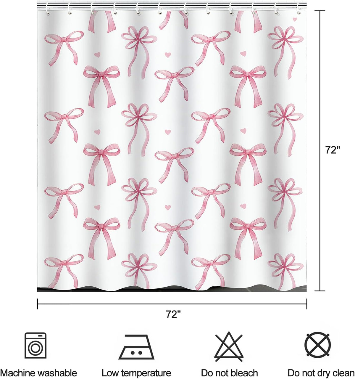 Pink Bow Shower Curtain Coquette Cute Ribbon Bowknot Heart Preppy Kids Girls Dorm Bathroom Decor Waterproof Fabric Bath Curtain 72 x 72 Inch with 12 Hooks
