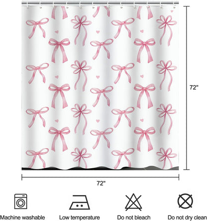 Pink Bow Shower Curtain Coquette Cute Ribbon Bowknot Heart Preppy Kids Girls Dorm Bathroom Decor Waterproof Fabric Bath Curtain 72 x 72 Inch with 12 Hooks