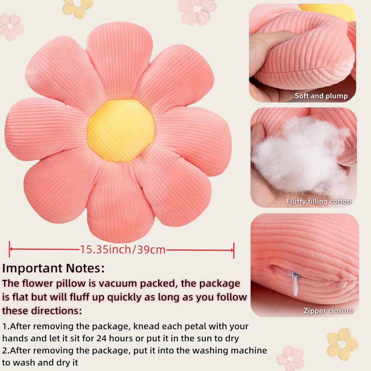 2 Pcs Flower Pillow Decorative Throw Pillows for Bed Couch Sofa Chair, 15.35" Cute Aesthetic Daisy Shaped Throw Pillows Floor Cushions for Bedroom Room Dorm Classroom (White, Orange Pink, 15.35 Inch)