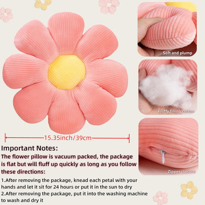 2 Pcs Flower Pillow Decorative Throw Pillows for Bed Couch Sofa Chair, 15.35" Cute Aesthetic Daisy Shaped Throw Pillows Floor Cushions for Bedroom Room Dorm Classroom (White, Orange Pink, 15.35 Inch)