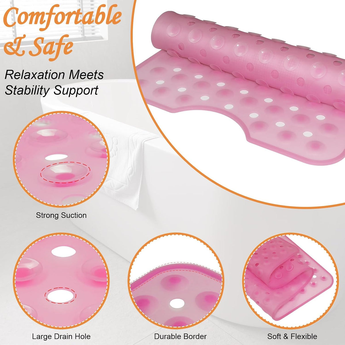 Silicone Bathtub Mat 35.4"x15.7", Shower Tub Mat for Bathroom, Clear Pink