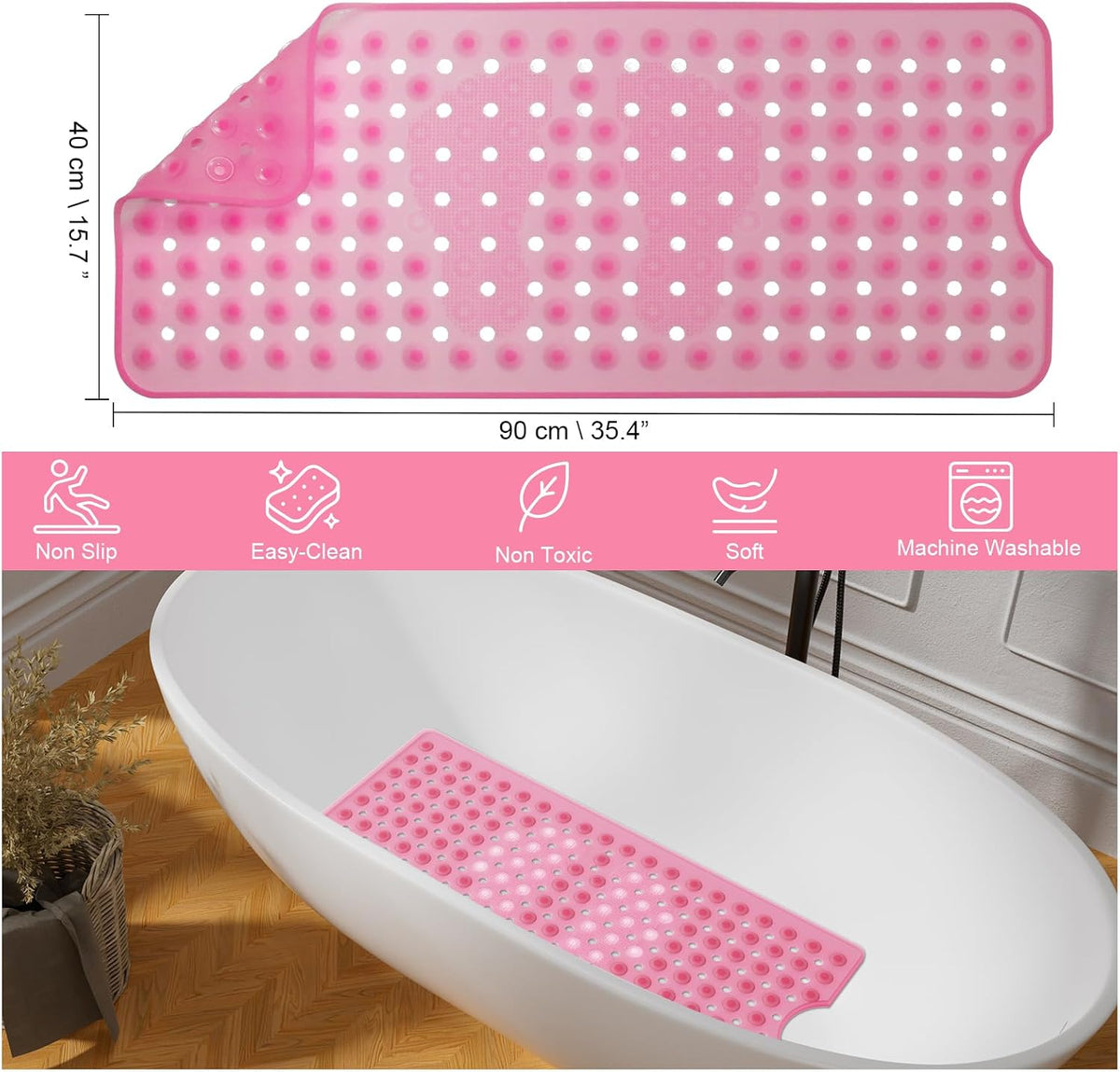 Silicone Bathtub Mat 35.4"x15.7", Shower Tub Mat for Bathroom, Clear Pink