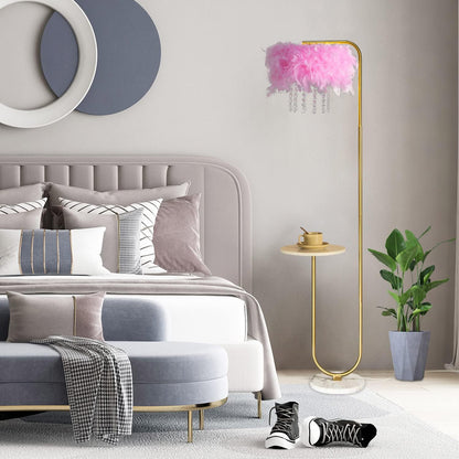 Unique Led Pink Feather Floor Lamp with Tray,Ostrich Feather Stand Lamp,Living Room Bedroom Office Shop Window Decoration Lamp,Foot Switch and Brass/Gold Finish Arc Floor Lamp
