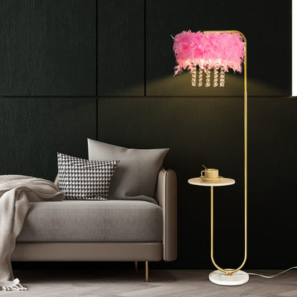 Unique Led Pink Feather Floor Lamp with Tray,Ostrich Feather Stand Lamp,Living Room Bedroom Office Shop Window Decoration Lamp,Foot Switch and Brass/Gold Finish Arc Floor Lamp