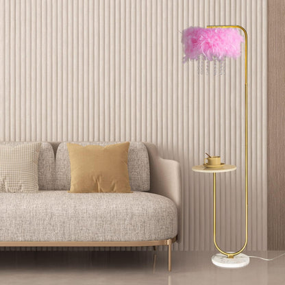 Unique Led Pink Feather Floor Lamp with Tray,Ostrich Feather Stand Lamp,Living Room Bedroom Office Shop Window Decoration Lamp,Foot Switch and Brass/Gold Finish Arc Floor Lamp