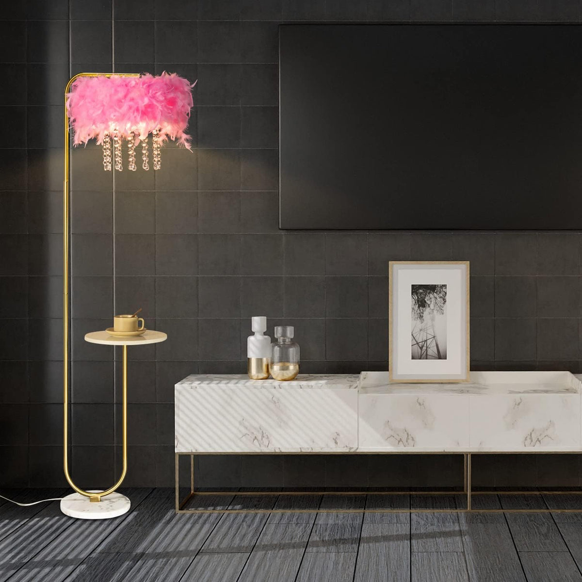 Unique Led Pink Feather Floor Lamp with Tray,Ostrich Feather Stand Lamp,Living Room Bedroom Office Shop Window Decoration Lamp,Foot Switch and Brass/Gold Finish Arc Floor Lamp