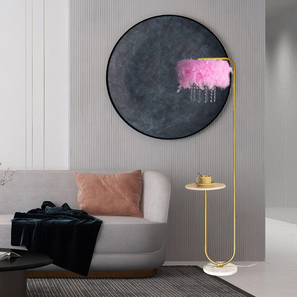 Unique Led Pink Feather Floor Lamp with Tray,Ostrich Feather Stand Lamp,Living Room Bedroom Office Shop Window Decoration Lamp,Foot Switch and Brass/Gold Finish Arc Floor Lamp