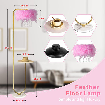Unique Led Pink Feather Floor Lamp with Tray,Ostrich Feather Stand Lamp,Living Room Bedroom Office Shop Window Decoration Lamp,Foot Switch and Brass/Gold Finish Arc Floor Lamp