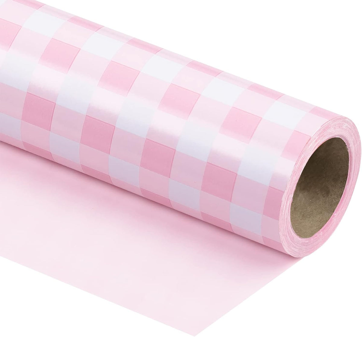 Reversible Wrapping Paper - Mini Roll - 17 Inch X 33 Feet - Pink and White Plaid Design for Birthday, Holiday, Wedding, Baby Shower