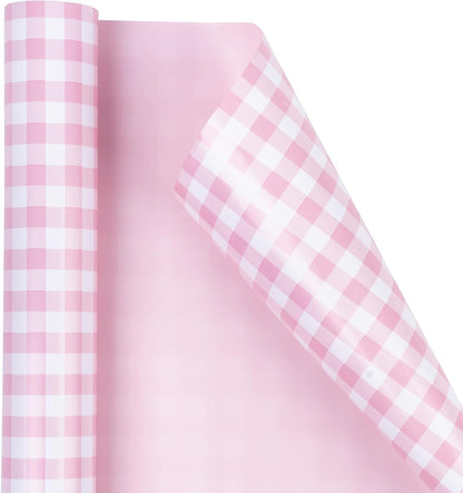 Reversible Wrapping Paper - Mini Roll - 17 Inch X 33 Feet - Pink and White Plaid Design for Birthday, Holiday, Wedding, Baby Shower