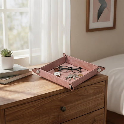 Valet Tray Desktop Storage Organizer – Vegan Leather Catchall Bedside Vanity Tray Nightstand Caddy Holder for Remote Controller, Watch, Keys, Phone, Wallet, Coin, Jewelry, Stone Pink