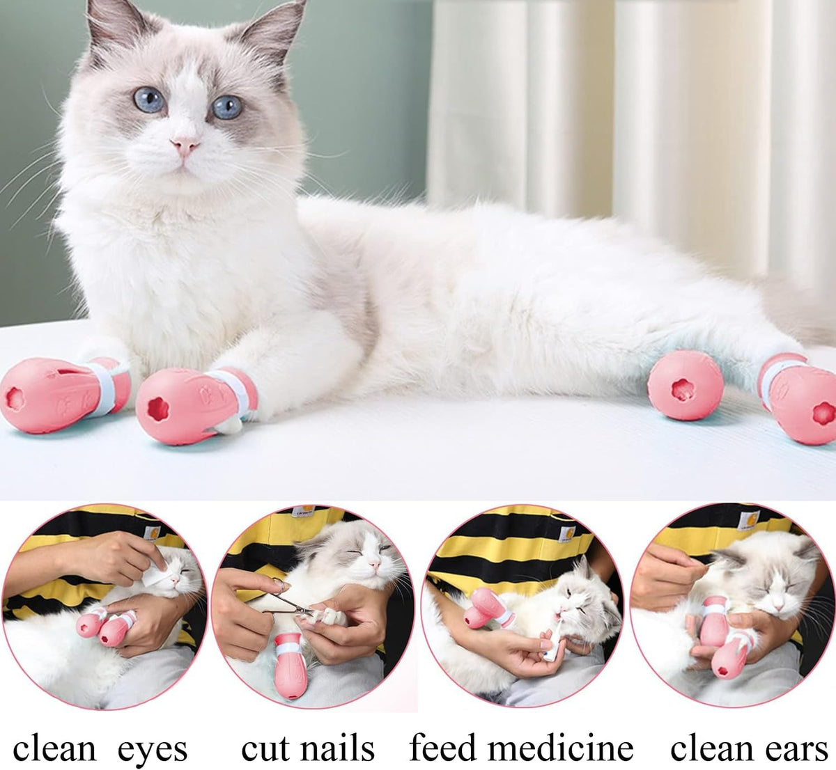 4 Pcs Cat Feet Claw Covers Anti-Scratch Paw Protector Shoes Adjustable Cat Bath Boots Kitten Shower Gloves for Grooming Bathing