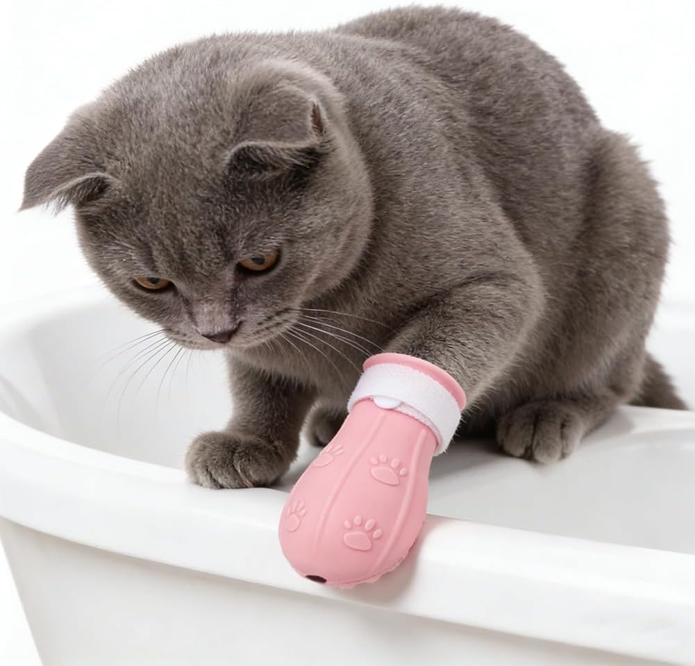 4 Pcs Cat Feet Claw Covers Anti-Scratch Paw Protector Shoes Adjustable Cat Bath Boots Kitten Shower Gloves for Grooming Bathing