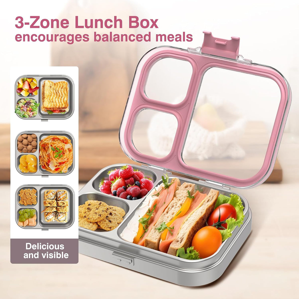 HOMEKOL Stainless Steel Bento Lunch Box, Pink, 3.3Cups