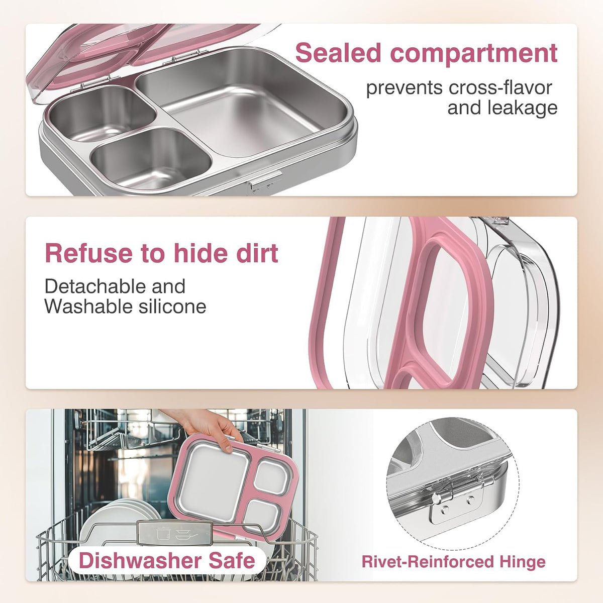 HOMEKOL Stainless Steel Bento Lunch Box, Pink, 3.3Cups