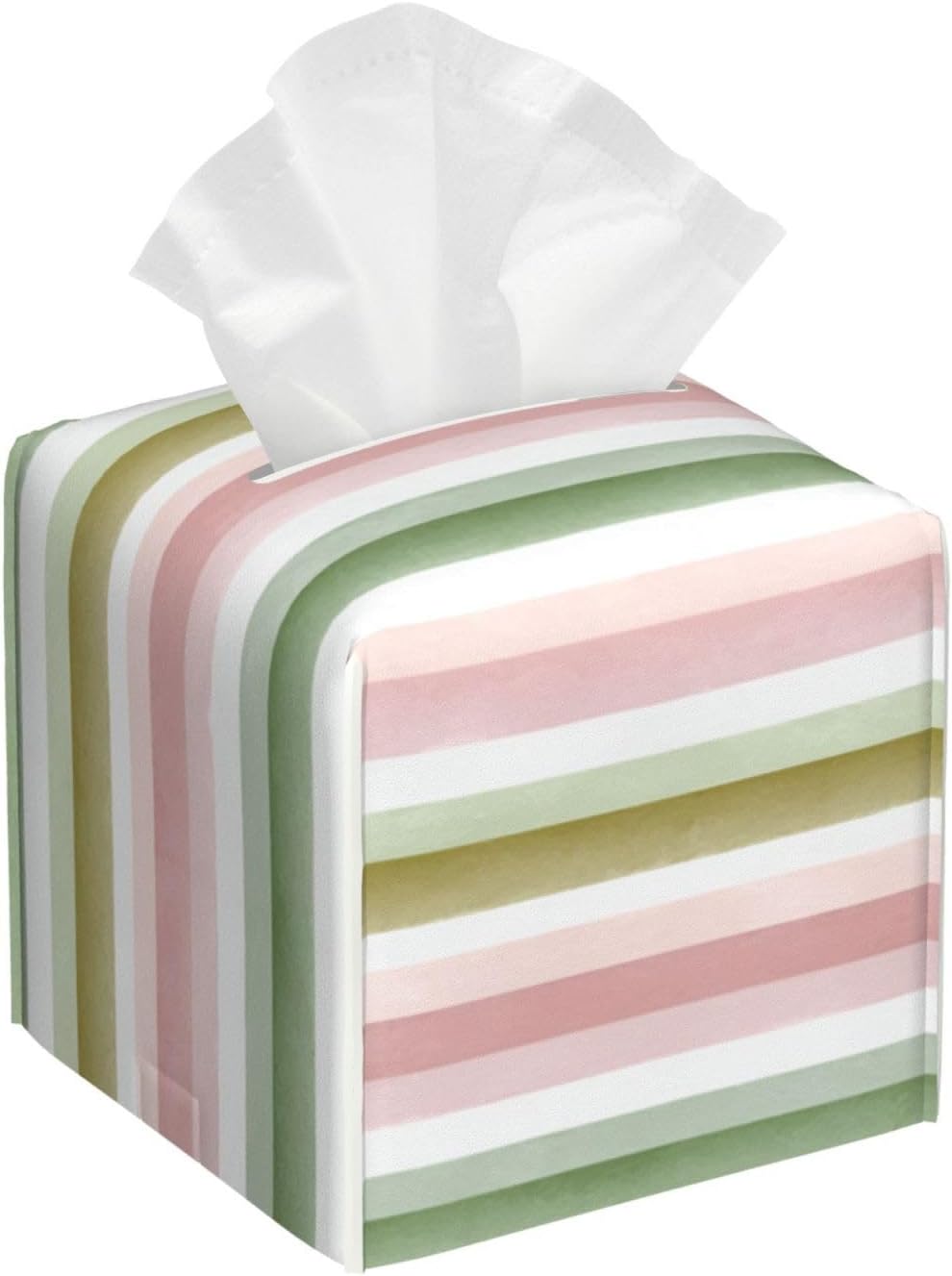 Pastel Pink Green Wide Stripe Pattern Tissue Box Cover Square Pu Leather Waterproof Tissue Box Holder for Car Bathroom Bedroom Office Tabletop Decor
