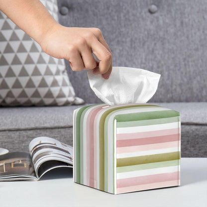 Pastel Pink Green Wide Stripe Pattern Tissue Box Cover Square Pu Leather Waterproof Tissue Box Holder for Car Bathroom Bedroom Office Tabletop Decor