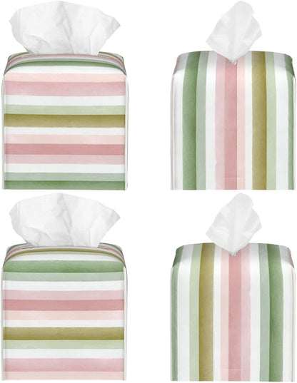 Pastel Pink Green Wide Stripe Pattern Tissue Box Cover Square Pu Leather Waterproof Tissue Box Holder for Car Bathroom Bedroom Office Tabletop Decor